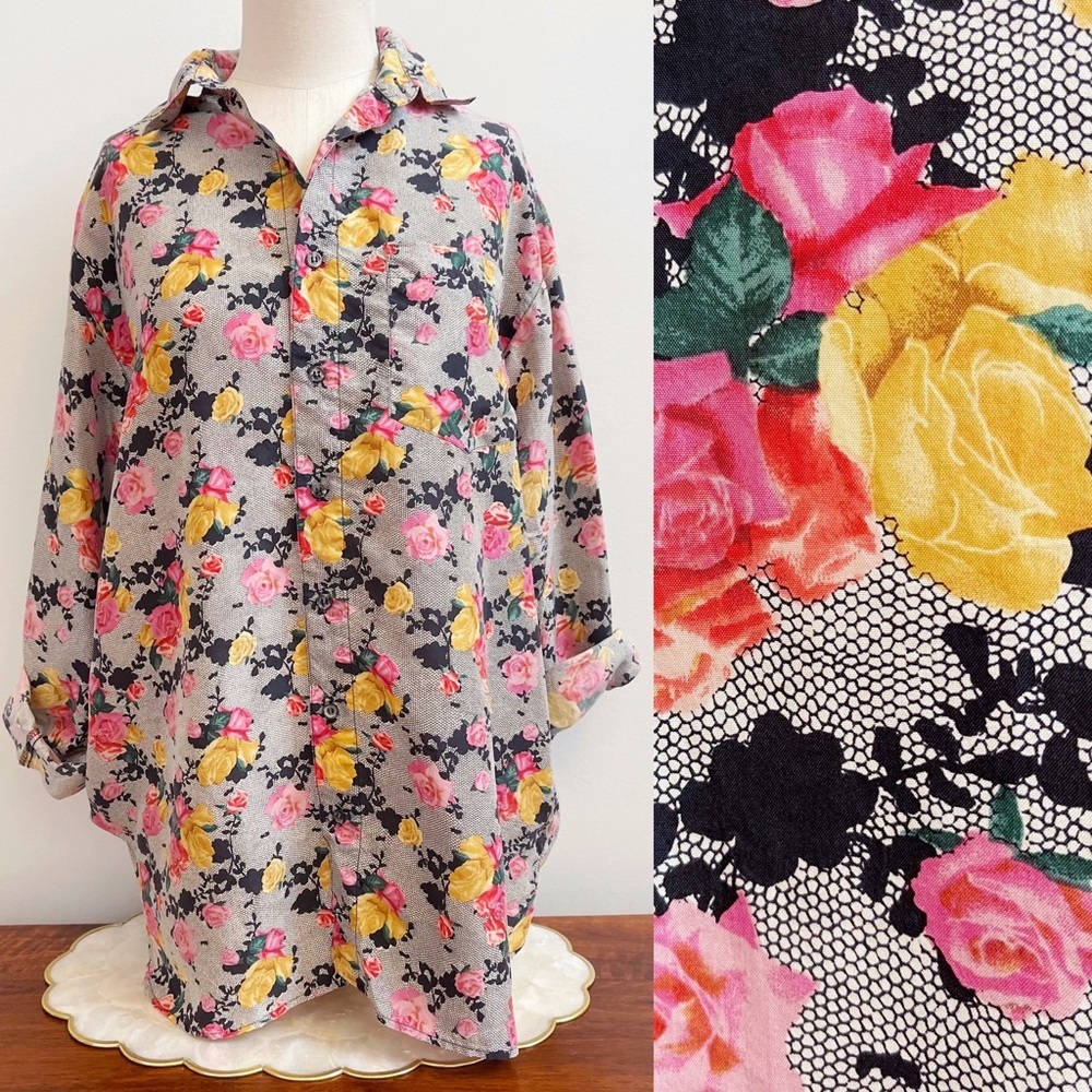 Black Lace Pink Yellow Rose Print Silk Button Top